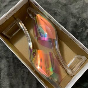 FOREVER 21 Clear Acrylic Iridescent Backless Heels Sandals sz 10